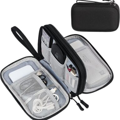 FYY Electronic Organizer, Travel Cable Organizer Bag Pouch Electronic Accessories Carry Case Portable Waterproof Double Layers Storage Bag for Cable, Cord, Charger, Phone, Earphone, Medium, Black