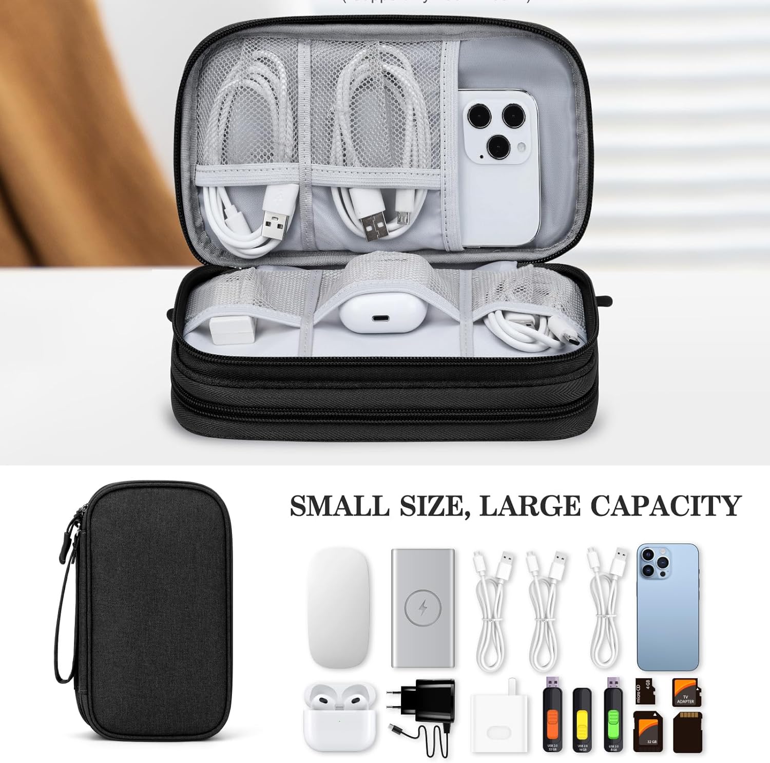 FYY Electronic Organizer, Travel Cable Organizer Bag Pouch Electronic Accessories Carry Case Portable Waterproof Double Layers Storage Bag for Cable, Cord, Charger, Phone, Earphone, Medium, Black - Image 6