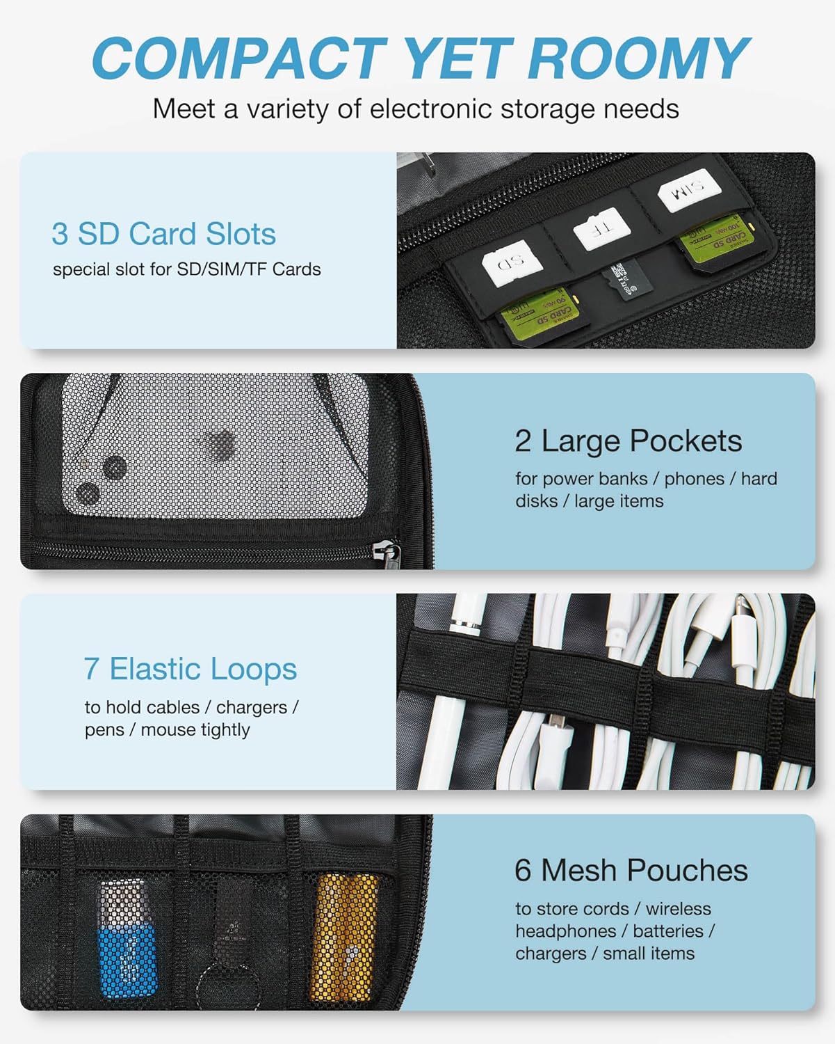 BAGSMART Large Electronics Travel Organizer Case, Tech Accessories Cord Storage Bag for Phone, Power Bank, SD Card, Cables, Black - Image 3